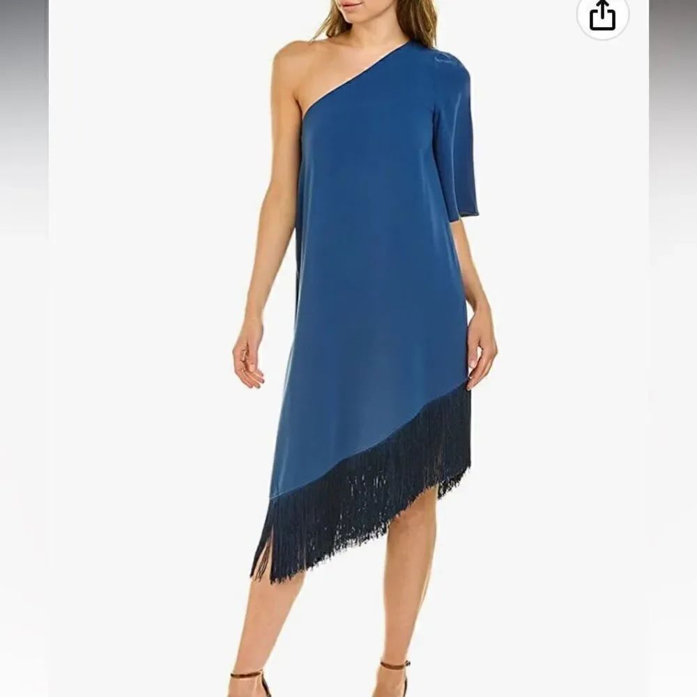 NWT Trina Turk Blue One Shoulder Tassel Bottom Dress